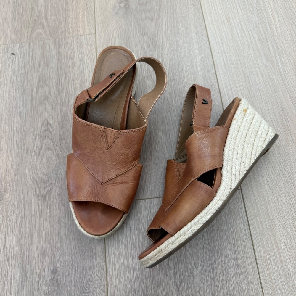Vionic Tan Leather Espadrille Wedge Sandals Slingback Orthotic Comfort Brown